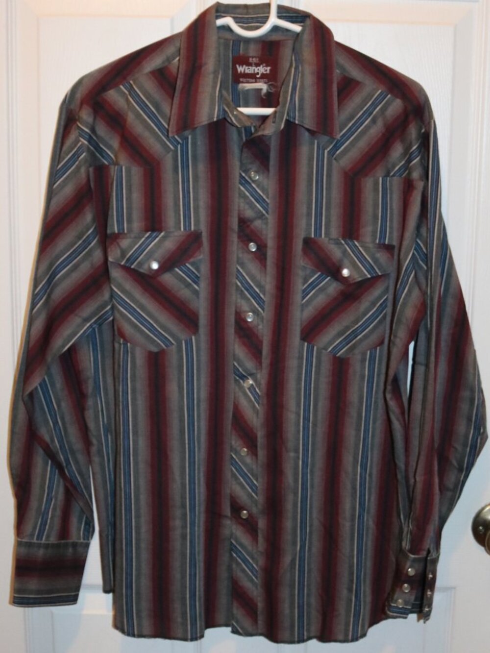 Western Mens Pearl Snap Shirt Wrangler Large Maroon Stripes Long-sleeve 16-16.5